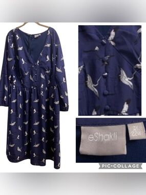 eShakti Japanese Crane Blue Midi Dress Women’s Size 2X (22W) Back Zipper Hook